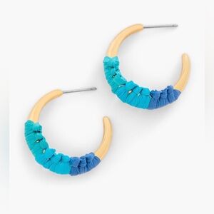 Talbots Raffia Macrame Hoop Earrings Deep Sea Blue Ombre Gold Tone 1” New GIFT!